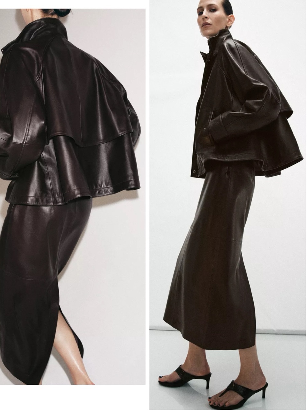 Zara 100% Leather Bomber Jacket High Neck Long Sleeves Cuffs Brown Medium NEW - Picture 3 of 16